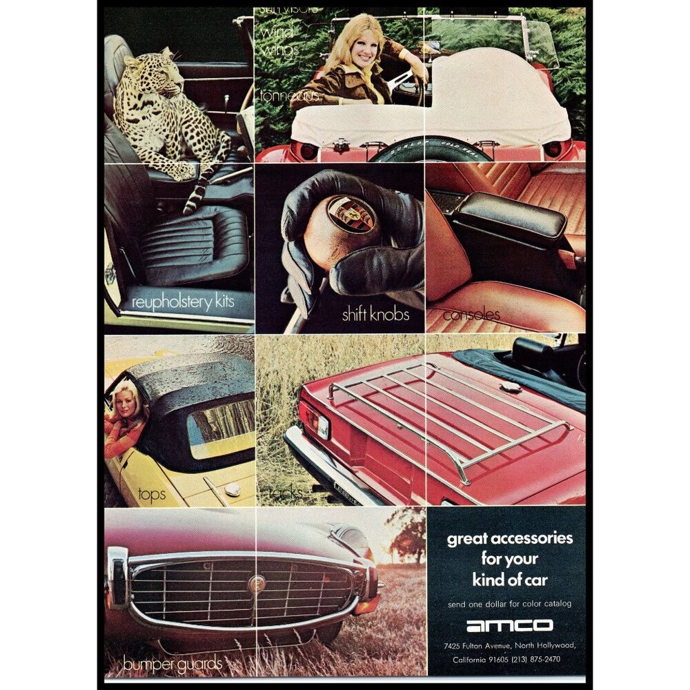 1975 Amco Car Accessories Jaguar Cat Vintage Print Ad Blonde Grill Wall Art